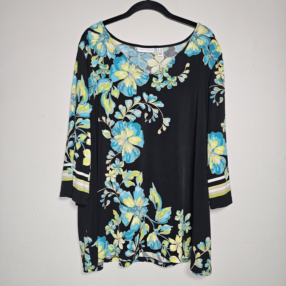 Susan Graver Liquid Knit vneck Top Plus Size‎ 2x Blue Green Black Shirt Blouse